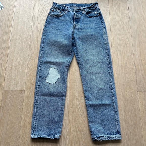 Levi's Denim - Levi's 501 Straight Leg Patchwork Jeans 26 Blue Distressed Denim Casual Upcycled